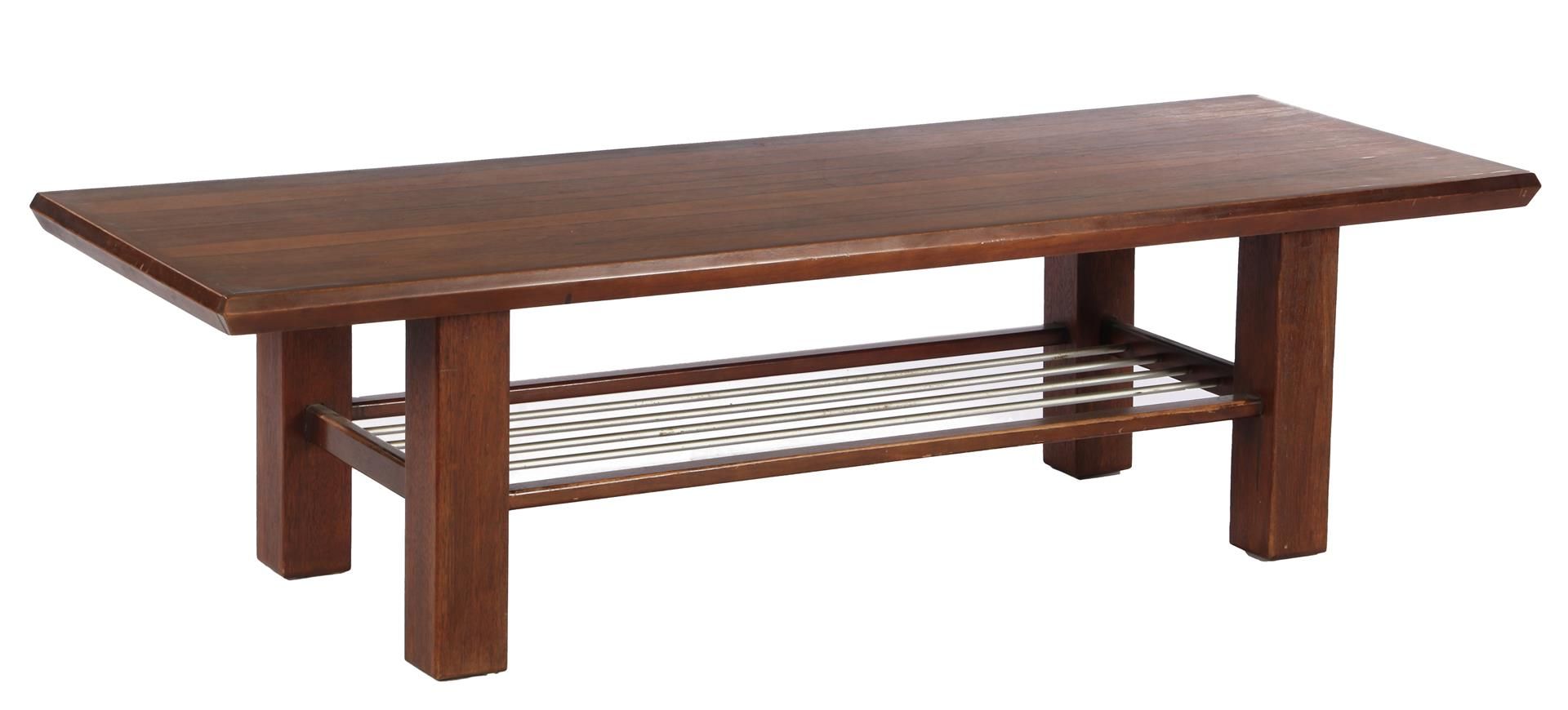 Sixties coffee table with rosewood top and reading shelf, 43 cm high and top size 154x57 cm