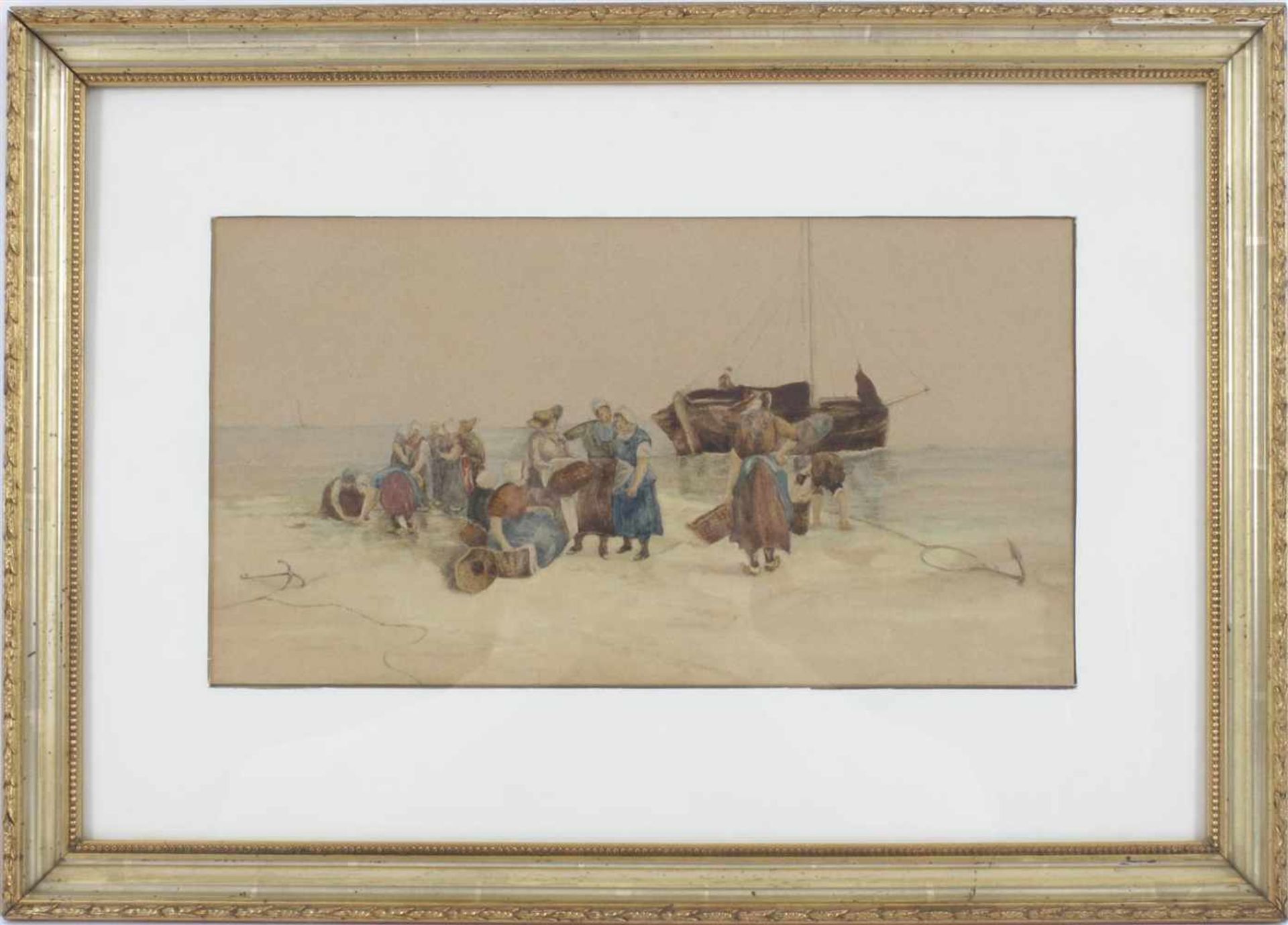 Anonymous, Fishermen's women on the beach off the coast of presumably Scheveningen, watercolor