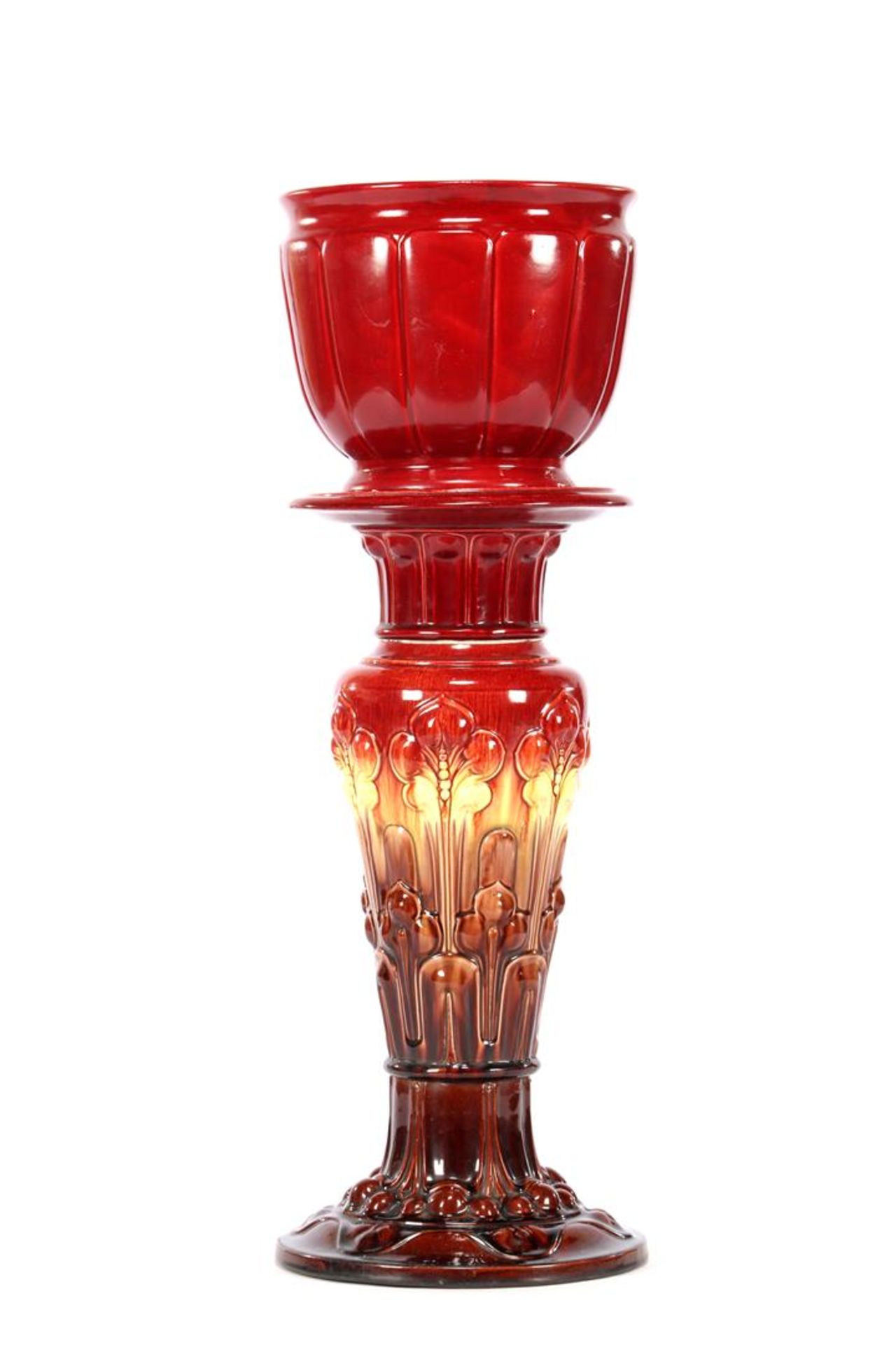 Art Deco earthenware red / green glazed pedestal with flower relief and red glazed flower pot, a