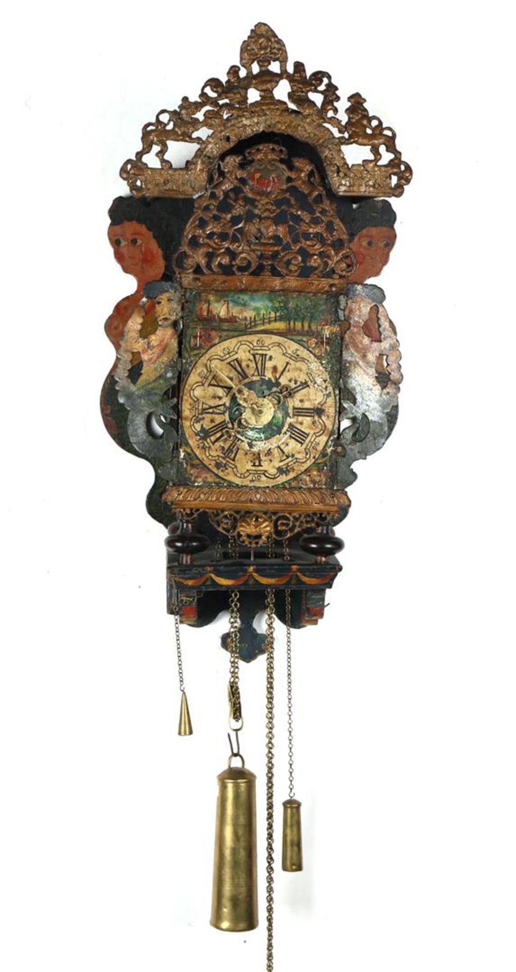 Frisian chair clock with painted dial with landscape decoration, lead ornaments and flanked by