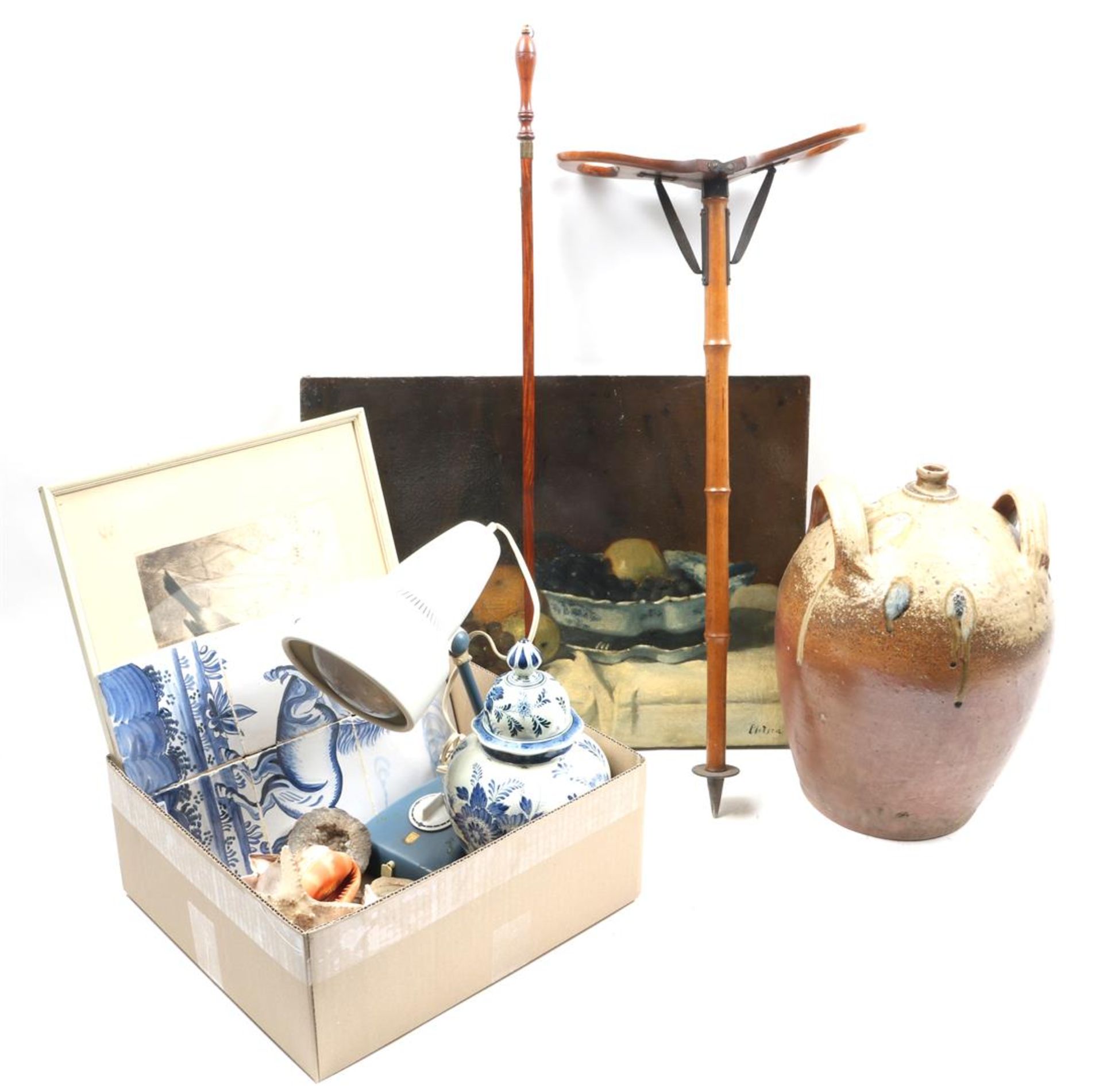 Box with shells, fossils, Ram earthenware vase, tile tableau, metal 1960s Philips ultraviolet