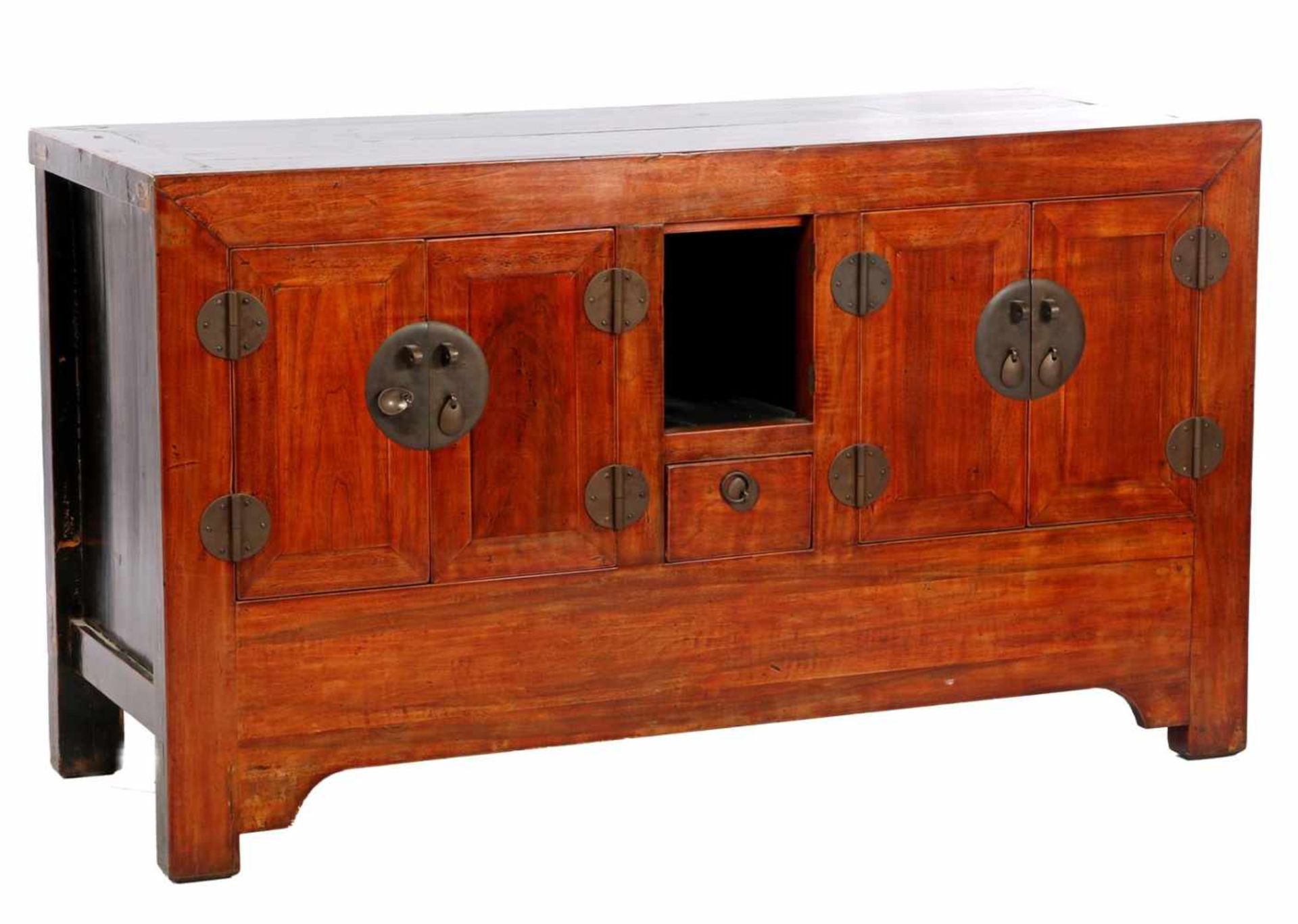 Teak Chinese sideboard with 4 swinging doors, open part and drawer, 76 cm high, & nbsp; 132 cm
