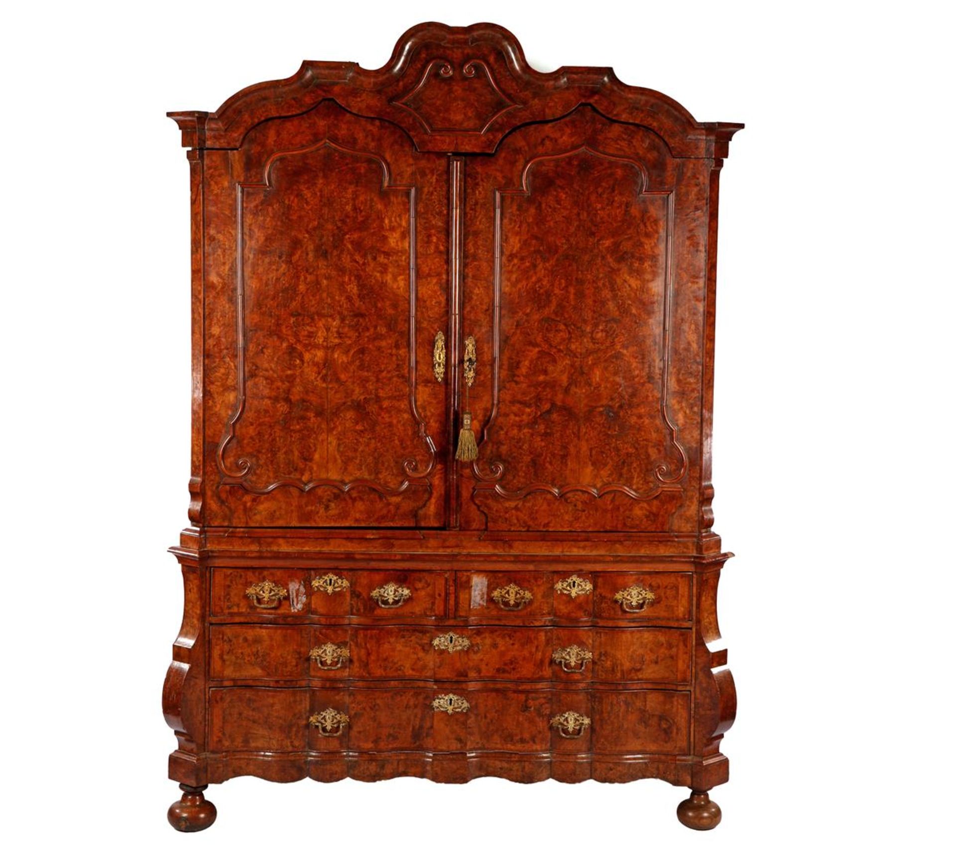 Antique Dutch cabinet, carrot nuts on oak with organ curved base cabinet, approx. 1760, 245 cm high,