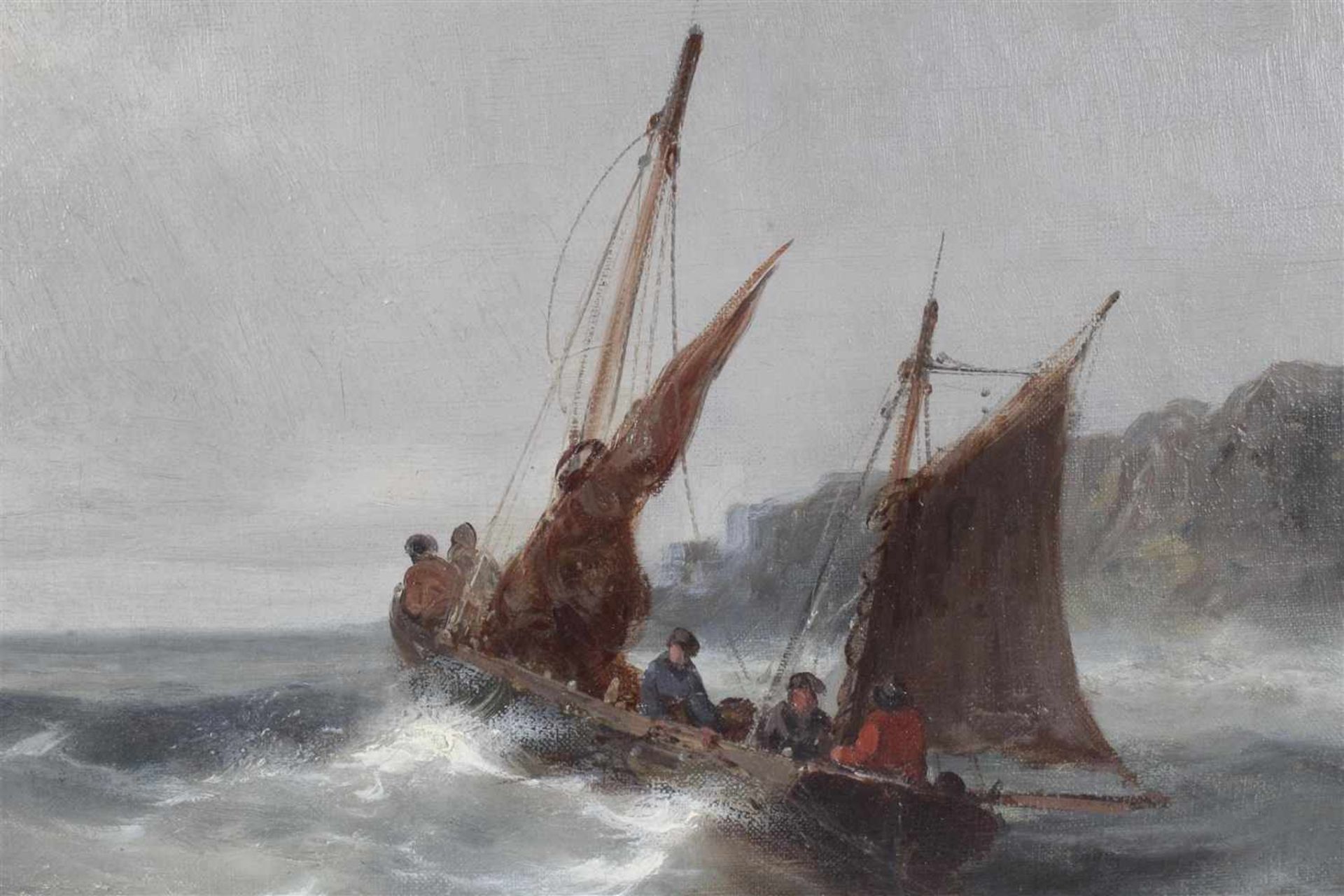 Unclearly signed, Fishing boats on turbulent sea, canvas 35x65 cm - Bild 2 aus 3