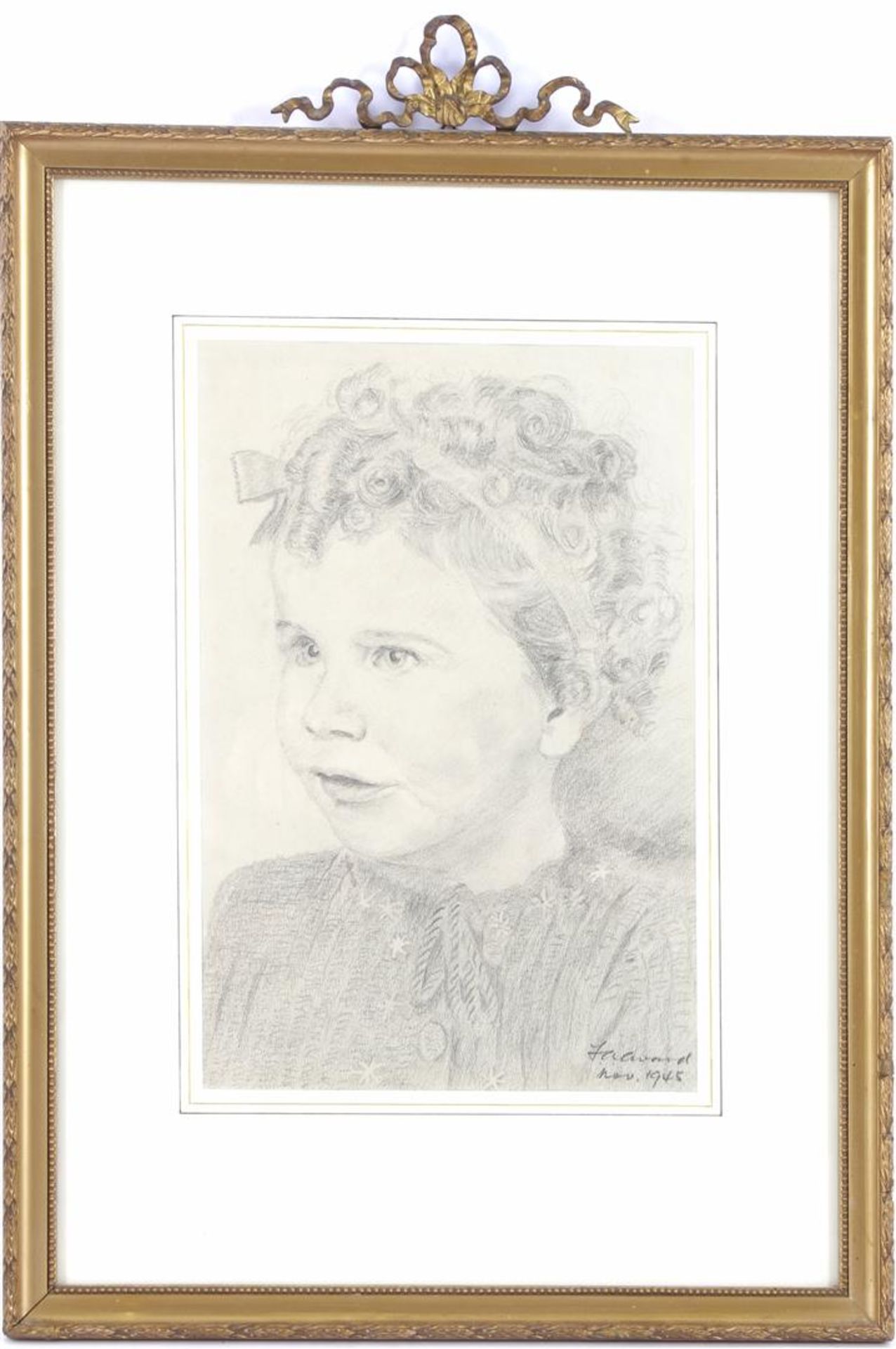 Unclear signed, portrait of a young girl, pencil drawing dated Nov. 1945, 30x20 cm in a classic