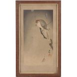 Indistinctly signed, Oriental watercolor of a bird, looking at a spider, 34x18 cm
