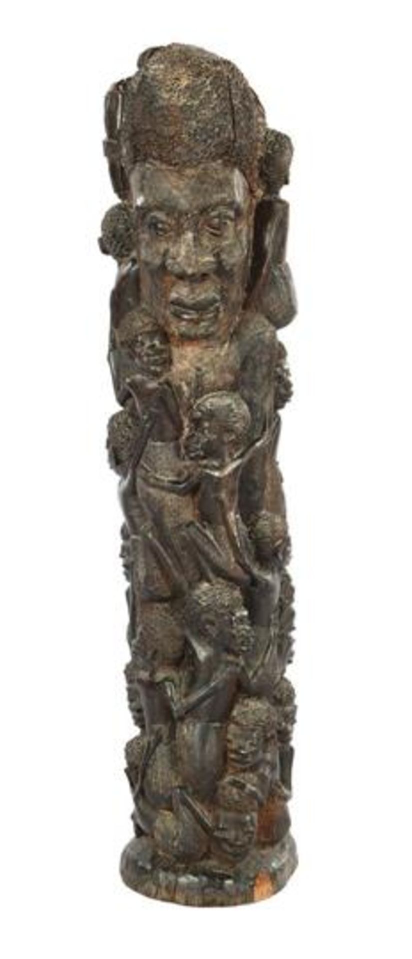 African coromandel wood richly decorated statue with many figures 81.5 cm high, 18 cm diameter