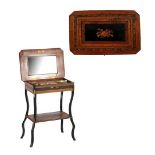 19th century rosewood Napoleon III sewing table with marquetry and parquetry, blackened accents,