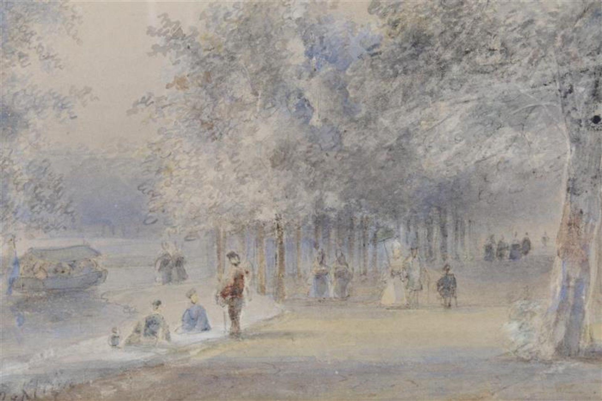 Bottom left remains of signature, cityscape with figures on a river under a tree, watercolor 16x20 - Bild 3 aus 3