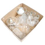 Box with square carafe with stopper, 2 round carafes without stopper, table set (incomplete)