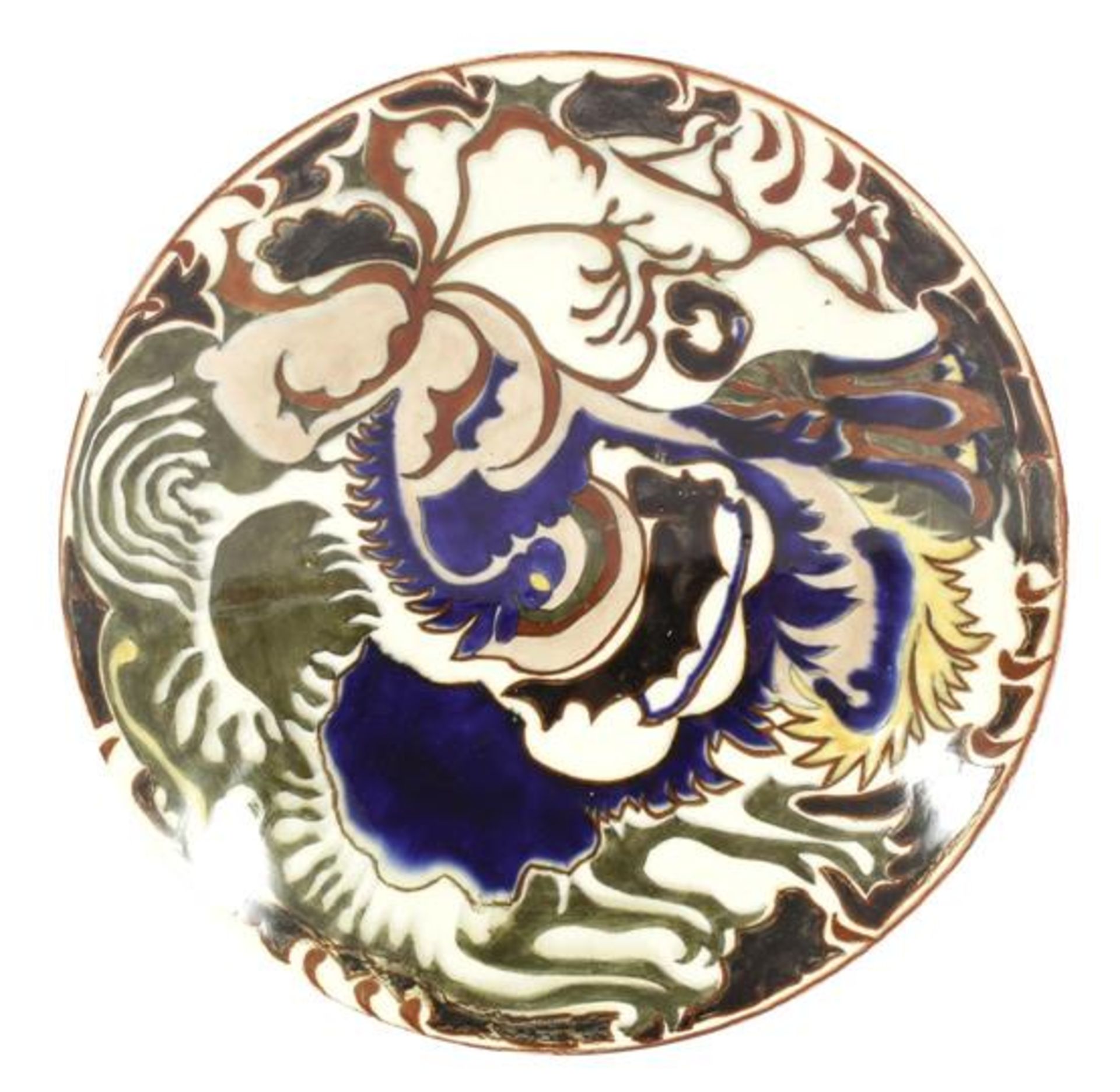 Rozenburg Den Haag pottery dish with polychrome decor, marked and year mark 1887, 23 cm diameter (