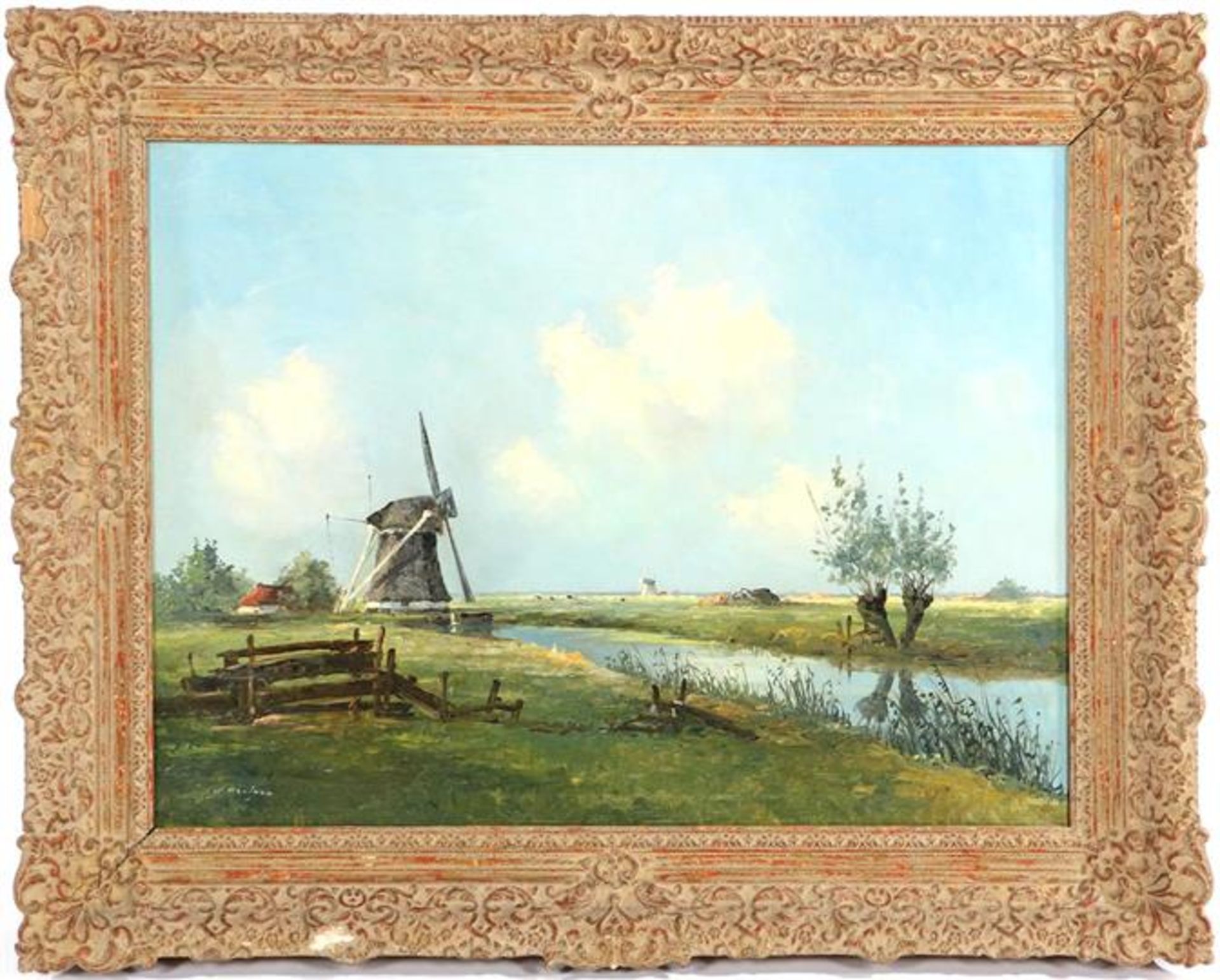 Signed Drulman, Landscape with windmills and pollard willows by the ditch, canvas 61x81 cm