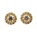 Gold ear studs, 14 krt., Set with brilliant cut diamond, approx.0.30 ct and 0.14 ct.