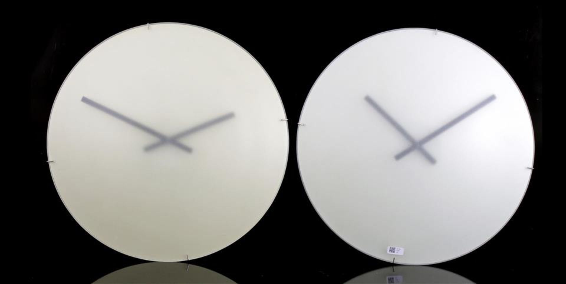 2 wall clocks with sandblasted glass, design Paul Schudel for Designum, model drop clock, 37.5 cm