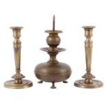 Antique copper pin candlestick, 29 cm high and 2 classic decorated candlesticks 24 cm high