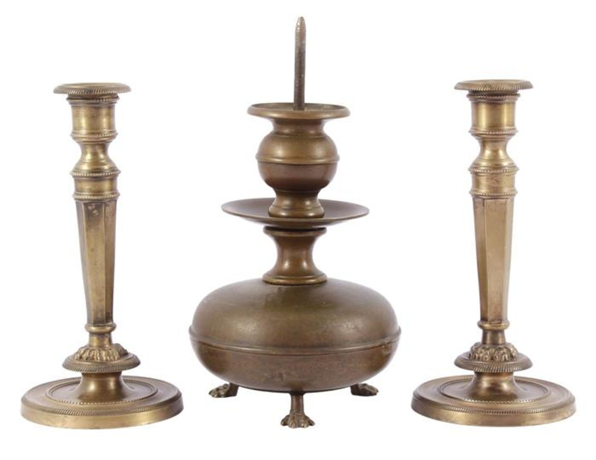 Antique copper pin candlestick, 29 cm high and 2 classic decorated candlesticks 24 cm high