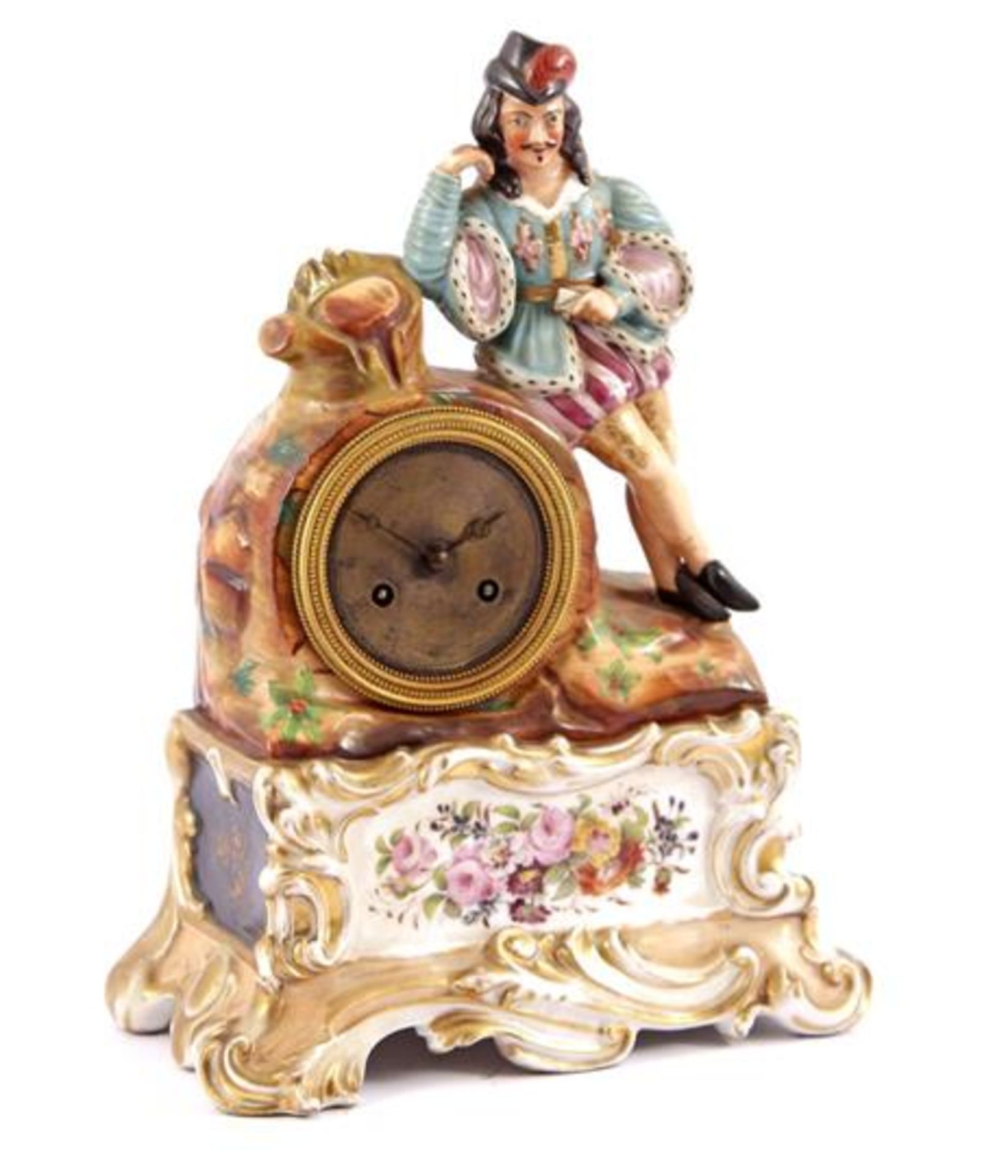 Porcelain 19th century painted table clock with man on top 32 cm high
