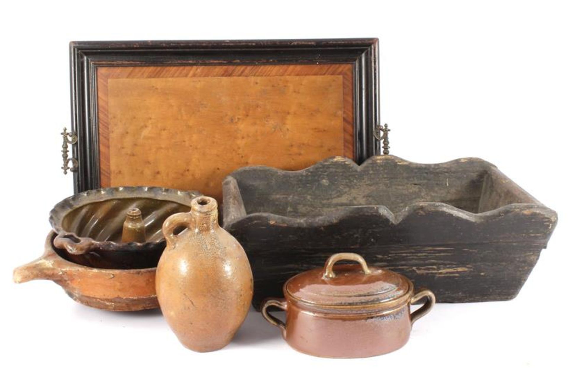 19th century tray with maple veneer, antique wooden tray, 52x32 cm, earthenware turban shape,