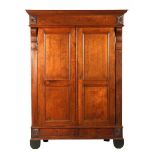 Antique solid oak 2-door wardrobe with 2 drawers, ornaments on the corners and fluted uprights 214