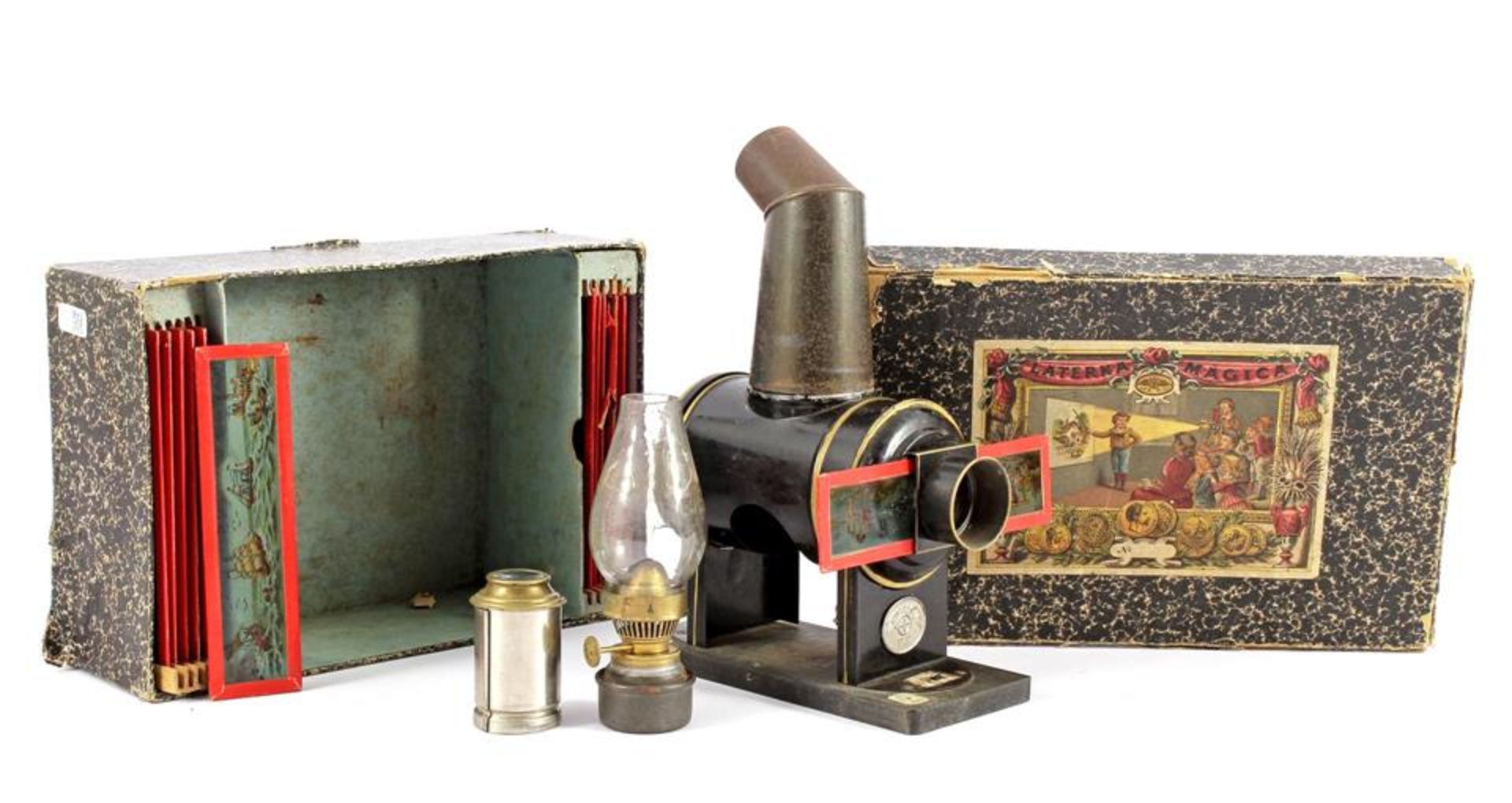 Laterna Magica magic lantern with various glass plates in original box (box in bad condition)