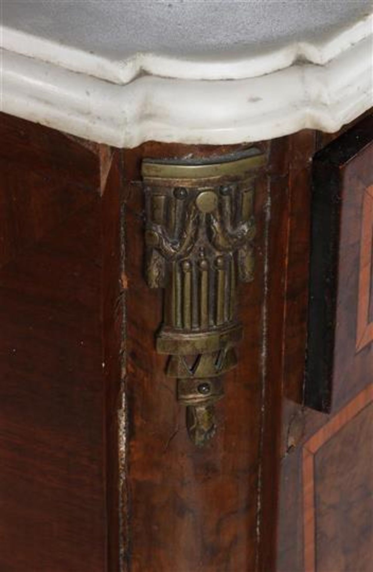 Burr walnut veneer with intarsia on oak Louis Quinze 3-drawer chest of drawers with white marble top - Image 2 of 7