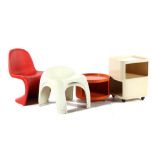 4 plastic furniture b.u. red children's chair in the style of Verner Panton, 2 white stools,