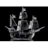 Swarovski crystal sculpture of sailing ship Santa Martia 9 cm high, with mirror plate and box