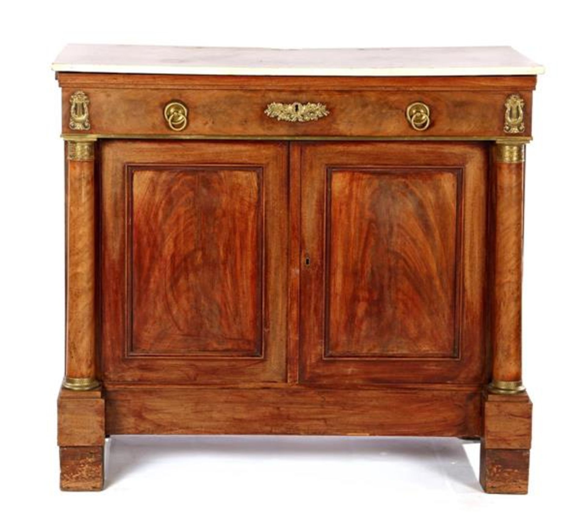 Mahogany veneer on oak folding buffet with full columns, loose marble top, bronze ornaments and a - Bild 3 aus 3