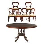 Dining area consisting of an oval walnut table with intarsia in the top, decorated frame 74 cm high,