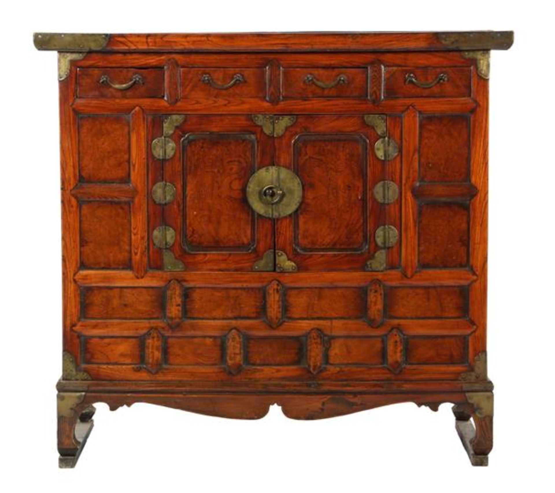 Chinese cabinet made of several types of wood with 4 drawers, 2 doors and brass fittings 91 cm high,