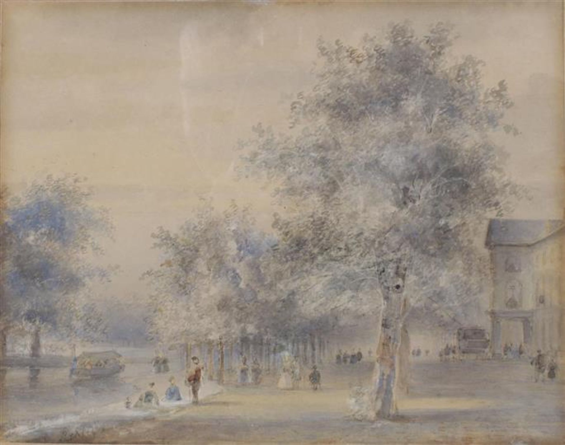 Bottom left remains of signature, cityscape with figures on a river under a tree, watercolor 16x20 - Image 2 of 3