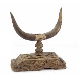 Antique wooden bombarded object with 2 horns 41.5 cm high, 37 cm wide, 14.5 cm deep