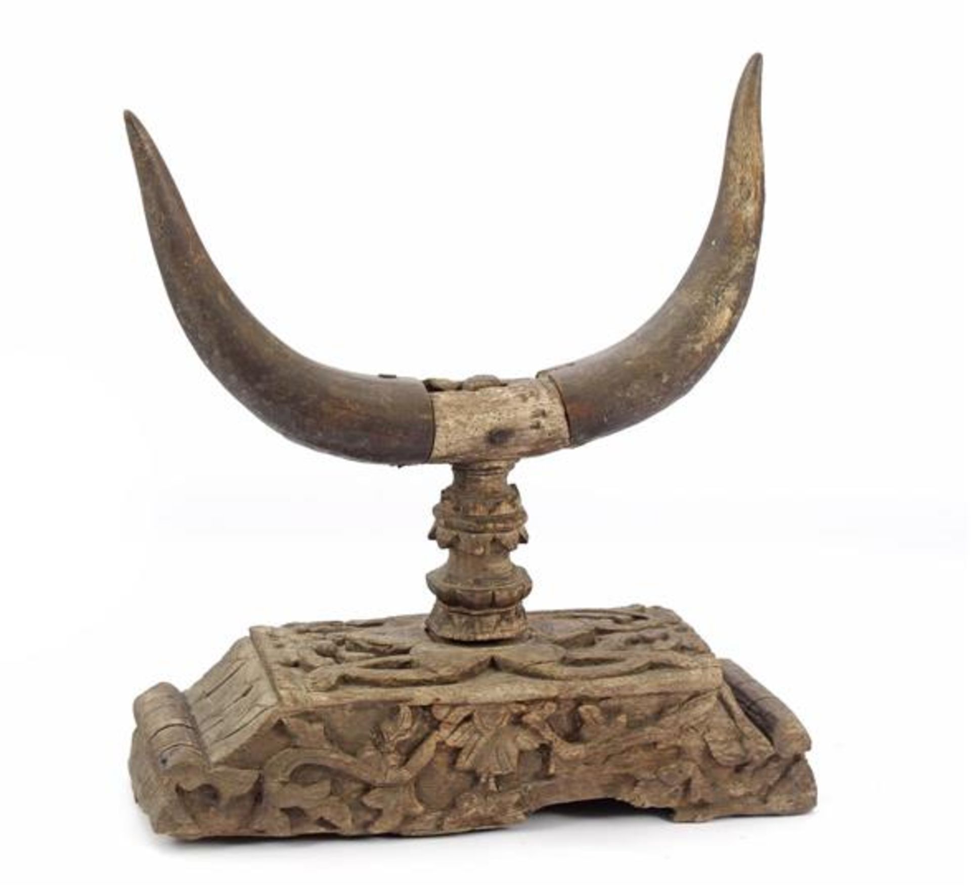 Antique wooden bombarded object with 2 horns 41.5 cm high, 37 cm wide, 14.5 cm deep