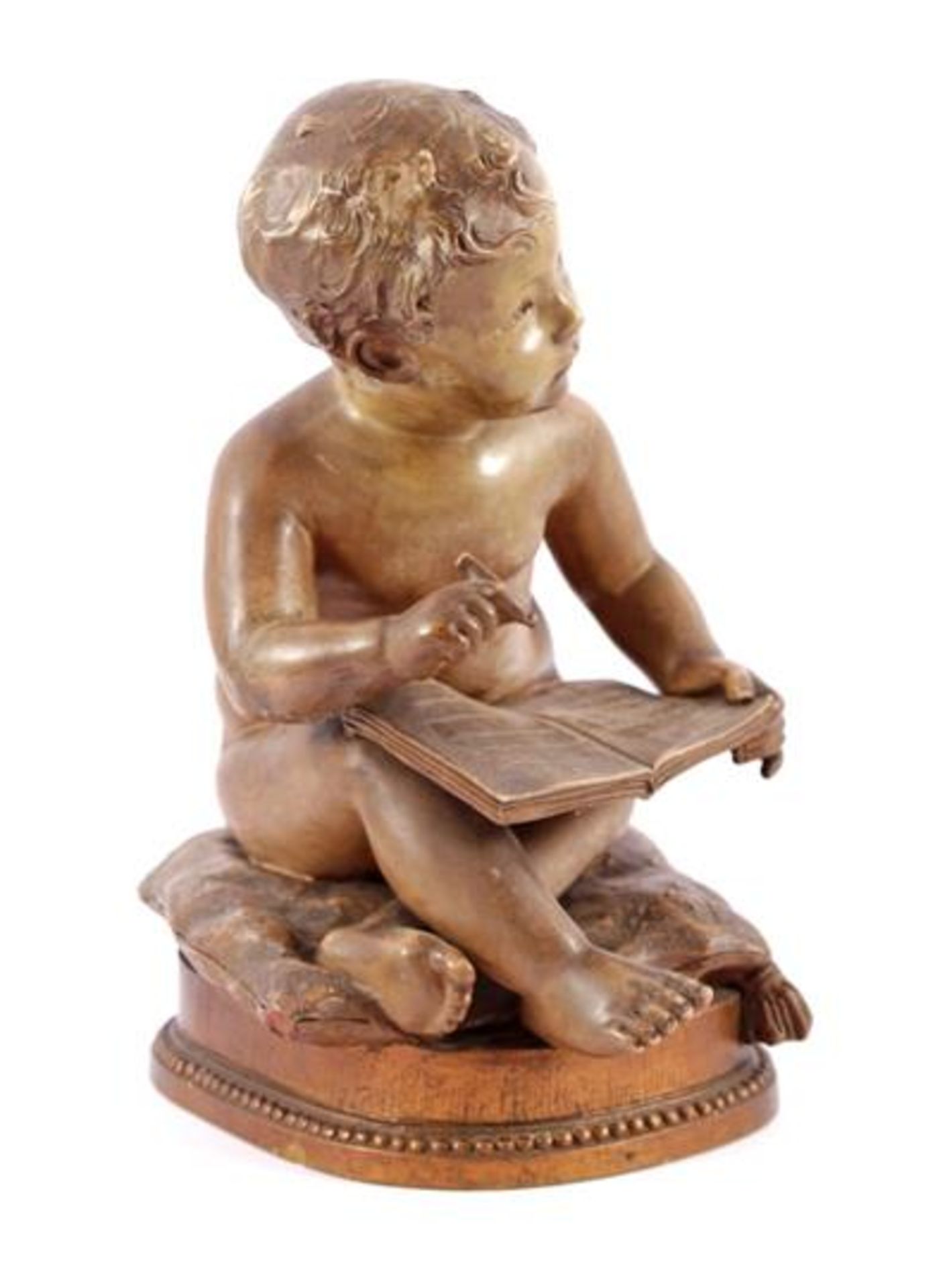 Plaster statue of a writing boy, marked Saroche 40 cm high (corner of base glued)