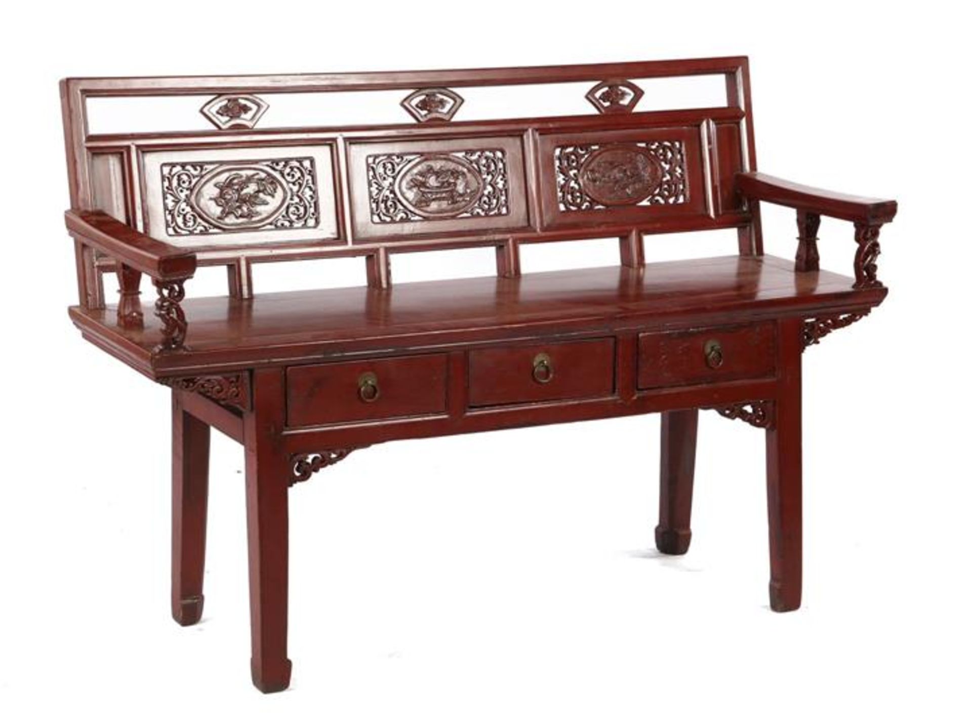 Chinese lacquer bench with 3 drawers under the seat, 89 cm high, 130 cm wide, 48 cm deep