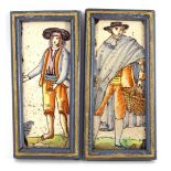 2 Portuguese wax-painted tiles depicting merchants, 19th century, 23 x 11 cm