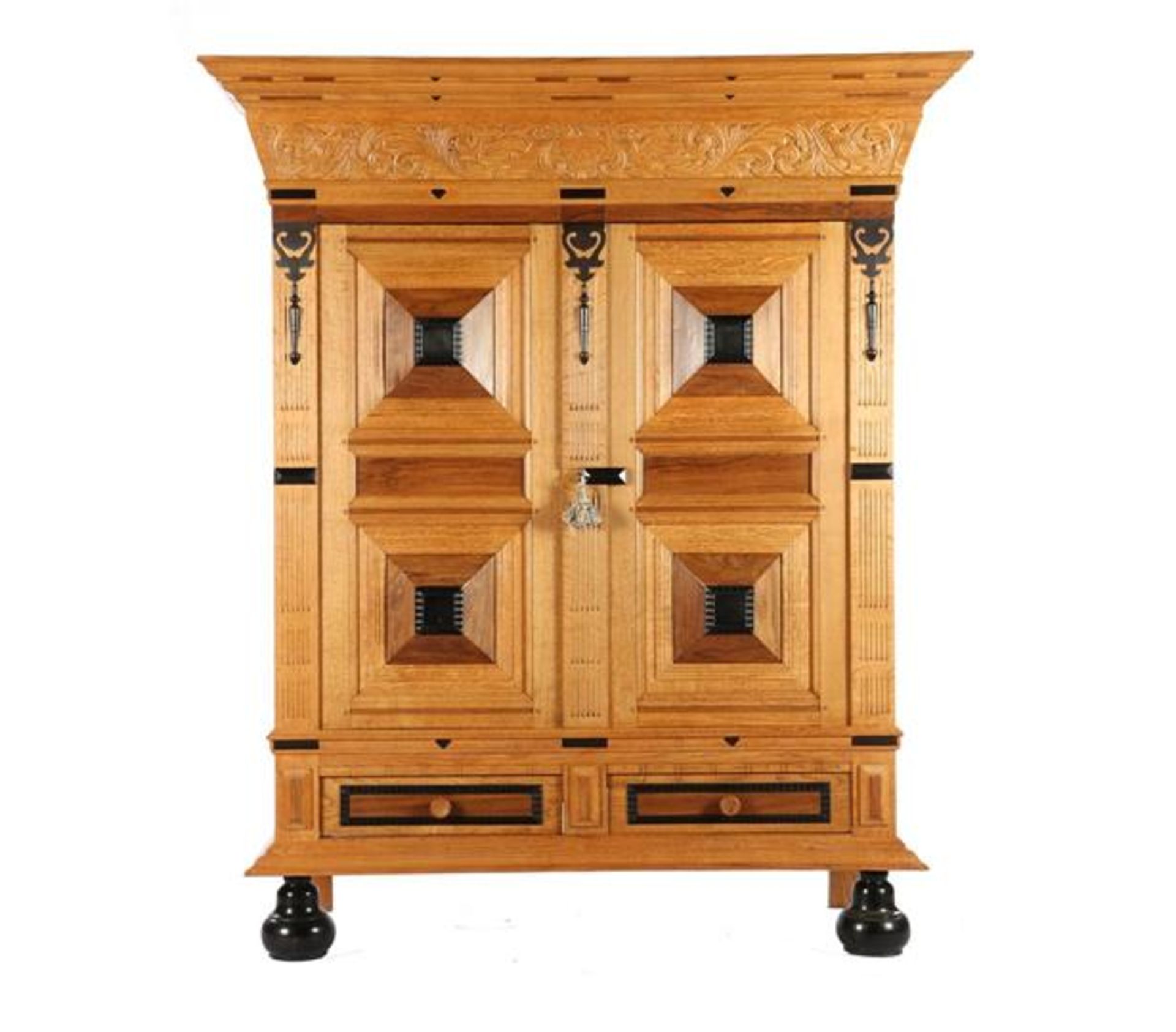 Dutch oak cushion cabinet after an antique model, 176 cm high, 149 cm wide, 55 cm deep
