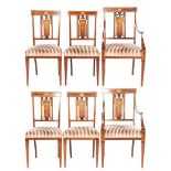 4 mahogany with & nbsp; intarsia Louis Seize dining room chairs and 2 armchairs with striped