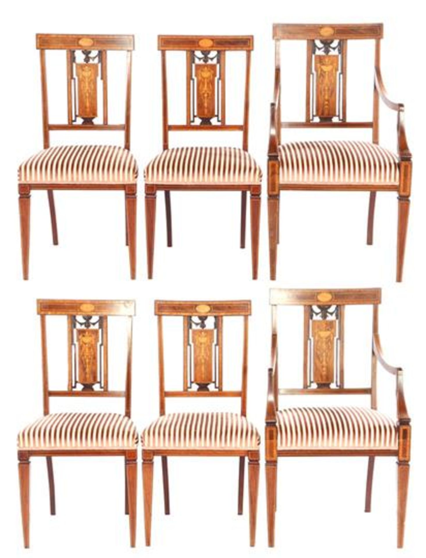 4 mahogany with & nbsp; intarsia Louis Seize dining room chairs and 2 armchairs with striped