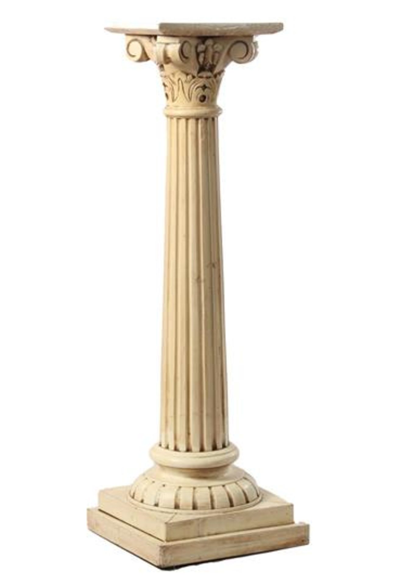 White lacquered wooden pedestal 116 cm high, base 37.5x37.5 cm, top 30x30 cm