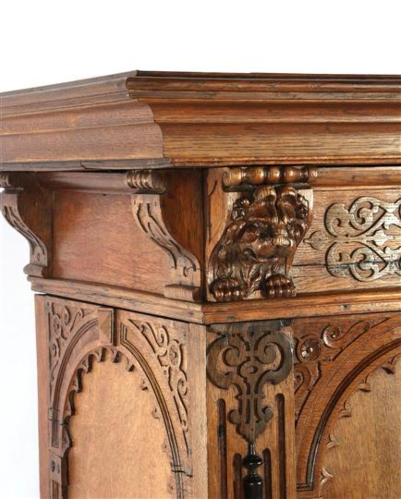 Antique oak 2-part cross-legged cabinet, Renaissance with carved frieze, lion masks and porch doors, - Image 2 of 4