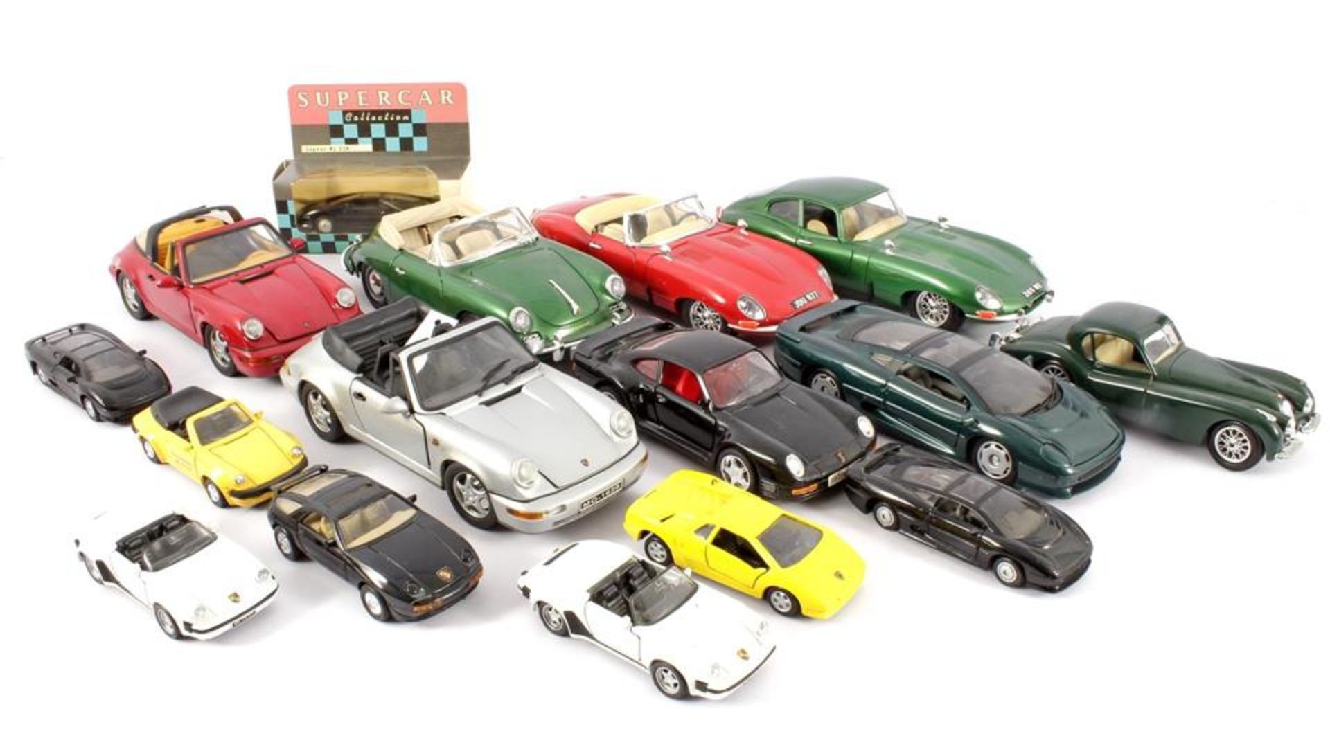 15 scale model cars, Porsche and Jaguar