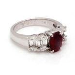 BWG fantasy ring, Pt 900, set with oval ruby approx. 1.80 ct, brilliant and baguette cut diamond