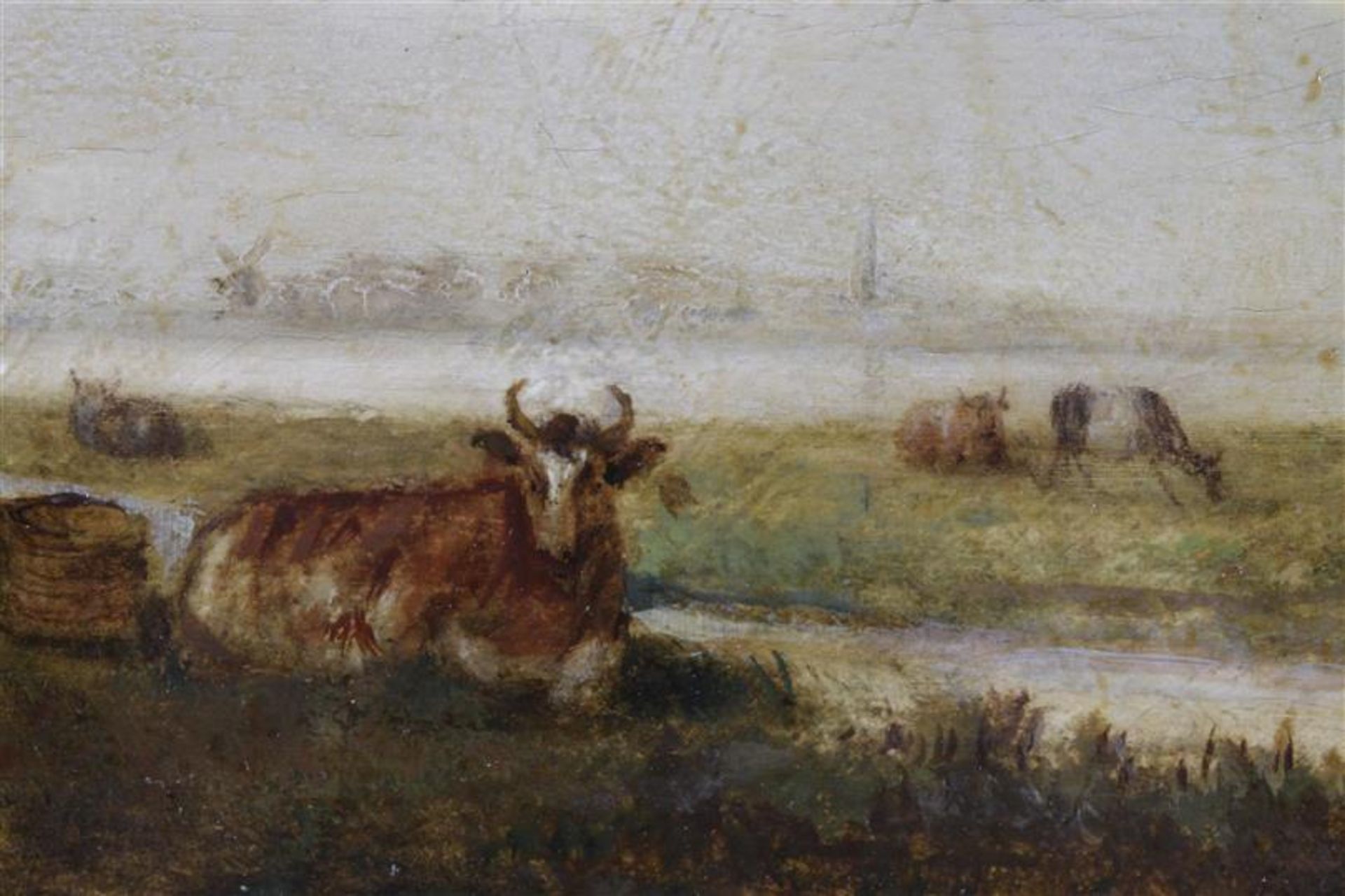 Anonymous, Dutch landscape with milking figure with church village on the other side of a lake, - Bild 2 aus 3