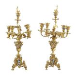 2 bronze-colored Rococo style 5-light candlesticks with cloisonne 51 cm high