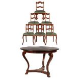 Round table, mahogany on oak, standing on a base with 3 toes, 78 cm high, 114 cm diameter, including