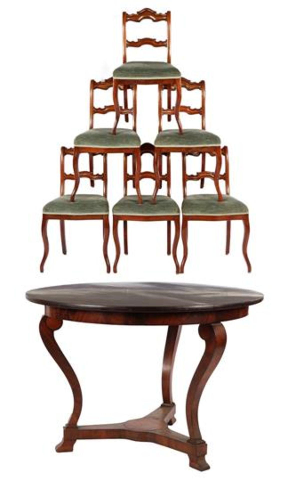 Round table, mahogany on oak, standing on a base with 3 toes, 78 cm high, 114 cm diameter, including