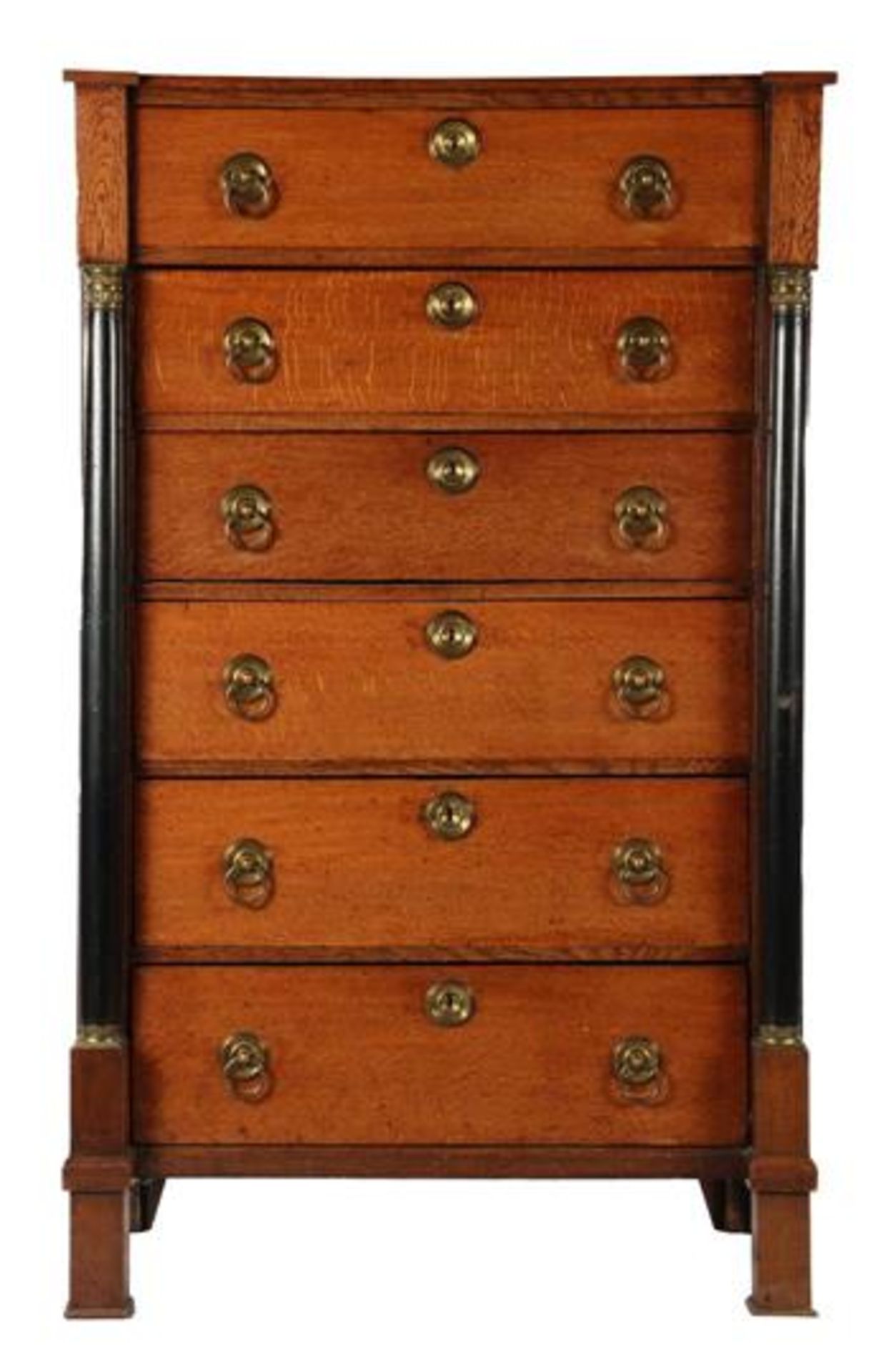 Oak early Biedermeier chiffonniere with black stained full columns for the 6 drawers, Holland