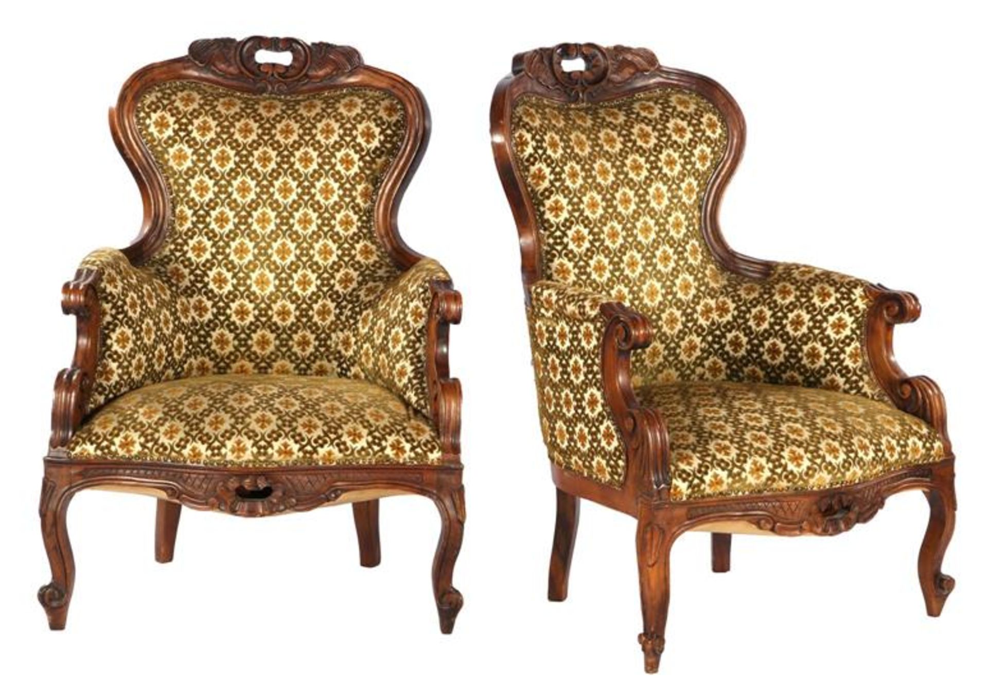 2 walnut Louis Philip style armchairs with classic upholstery