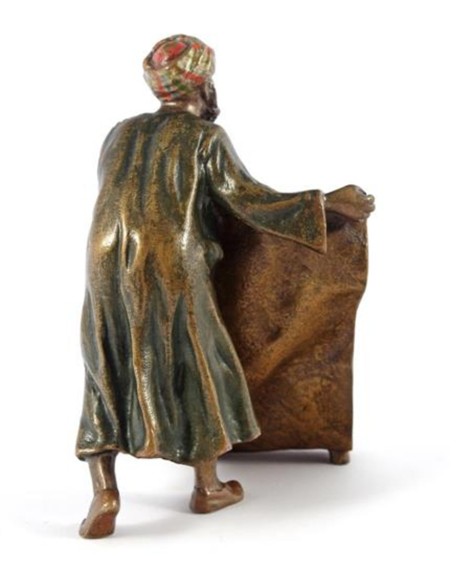 Viennese bronze statuette of an Arab with carpet, cold polychrome painted, with vague stamp of Franz - Bild 4 aus 5